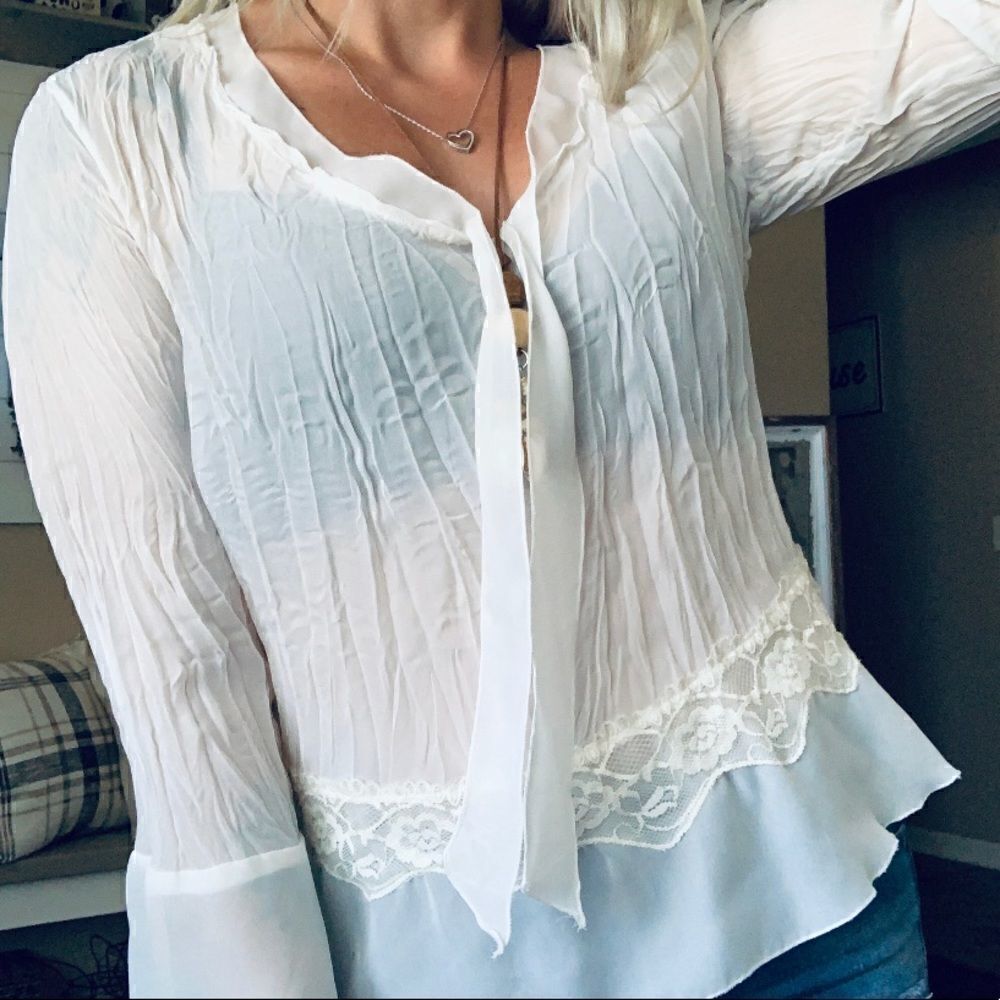 Vintage White Semi-Sheer Lace Trim Blouse - Picture 2 of 7